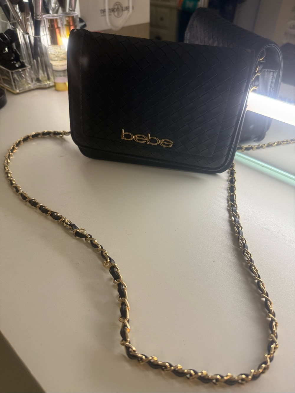 BEBE Black Quilted Crossbody Bag with Gold Chain Strap